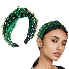 St Patrick’S Day Rhinestone Knotted Headband for Women Green Crystal Embellished