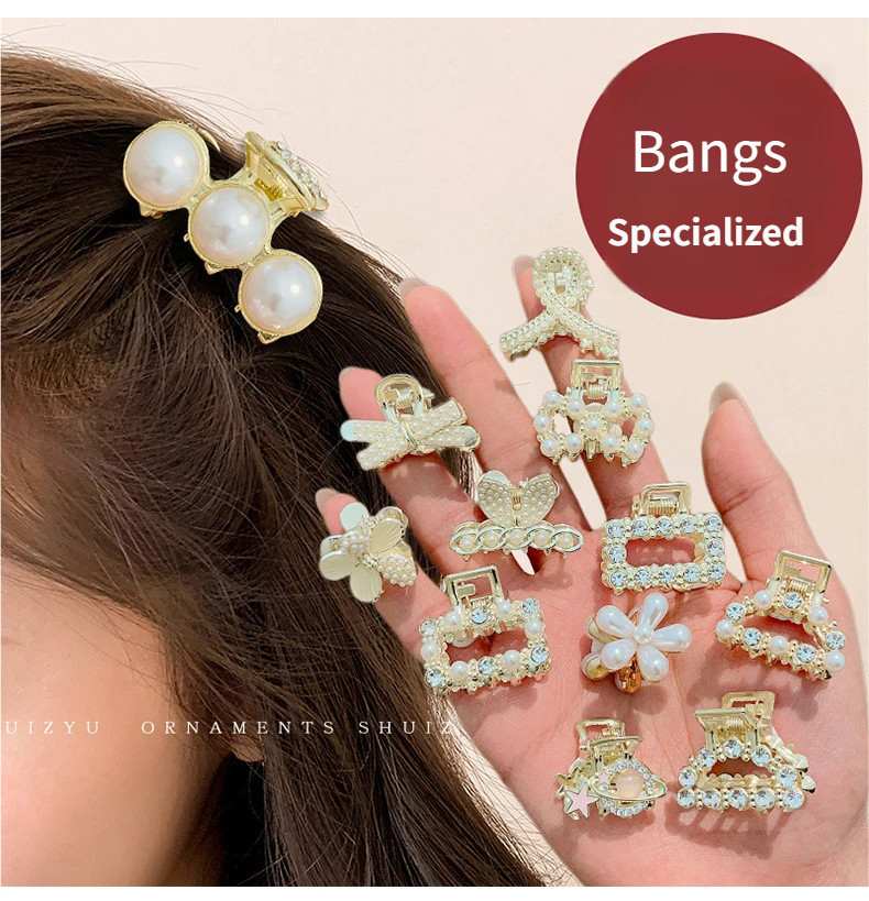 2Pcs Pearl Bangs Hair Clips,Bunny Ears & Straight Bar Clip Set for Fringe