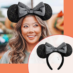 headband Disneytheme Black sequins fabric Mickey ears gray bow small fragrant