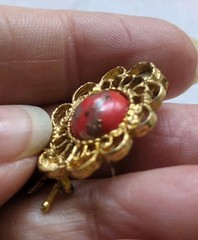 Vintage 70s Faux Orange Jasper Hair Clips, Gold Tone