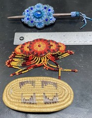Handcrafted Beaded Hair Barrettes (2) And 1 Woven Oval Shape, Orange, Blue 4”.