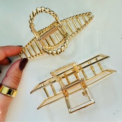 NEW ANTHROPOLOGIE Jumbo XL Rectangular Open Gold Metal Hair Claw Clip Set Duo 2