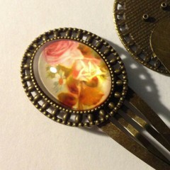 2 pcs – Antiqued Bronze Oval Bezel Hair Clips & Pink Roses Cabochons 25x18mm