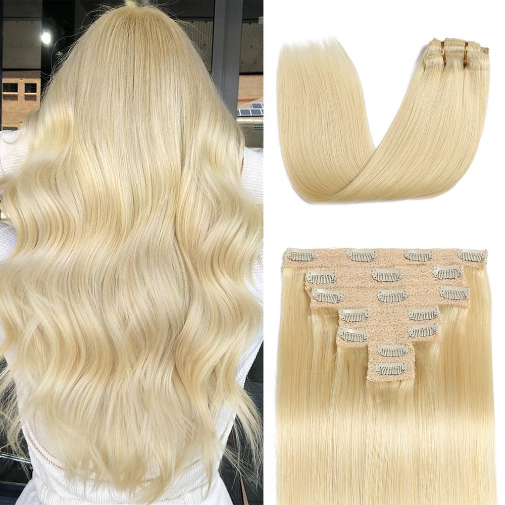 Mocona Clip in Hair Extensions Real Human Hair Bleach Blonde 12 Inch 7pcs 70g Pa