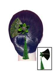 💚 Handmade Kanzashi Hair Clip – Green Fan & Flower with Tassel