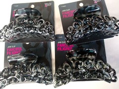 Jaw Hair Clips Black W/ Silver Swirl (4) Fanciful Filigree By Beauty 360 Plastic
