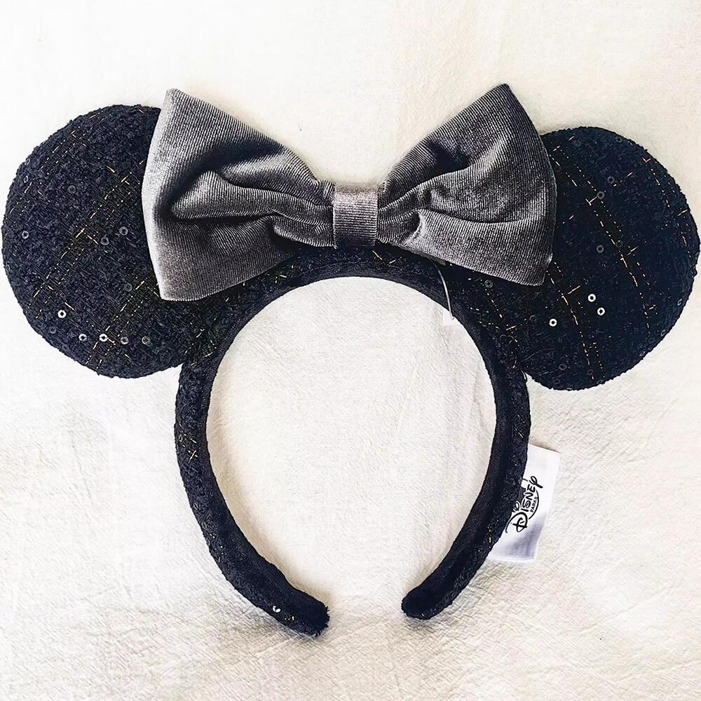 Tokyo Disney Parks Black Gray Ribbon Minnie Mickey Mouse Ears Bow Headband NEW