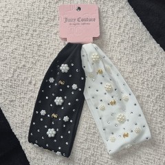 Juicy Couture Pearl Flower Rhinestone Luxe Headwrap Set Black Ivory JC Logo NWT