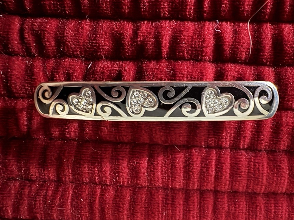 Brighton Silver tone and Black Barrette With Hearts and Crystals Hard to Find