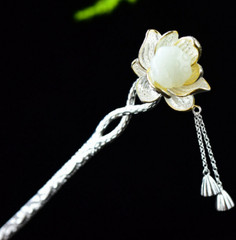 Hot Retro Silver Chinese Hetian Jade Lotus Hairpin Hanfu Hair Stick