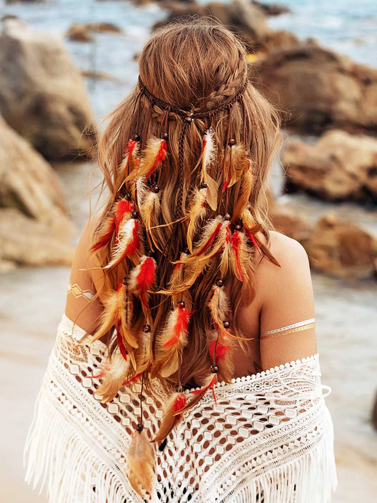 Boho Feather Headband Gypsy Costume Headdress Black Bohemian Hippie Headbands In
