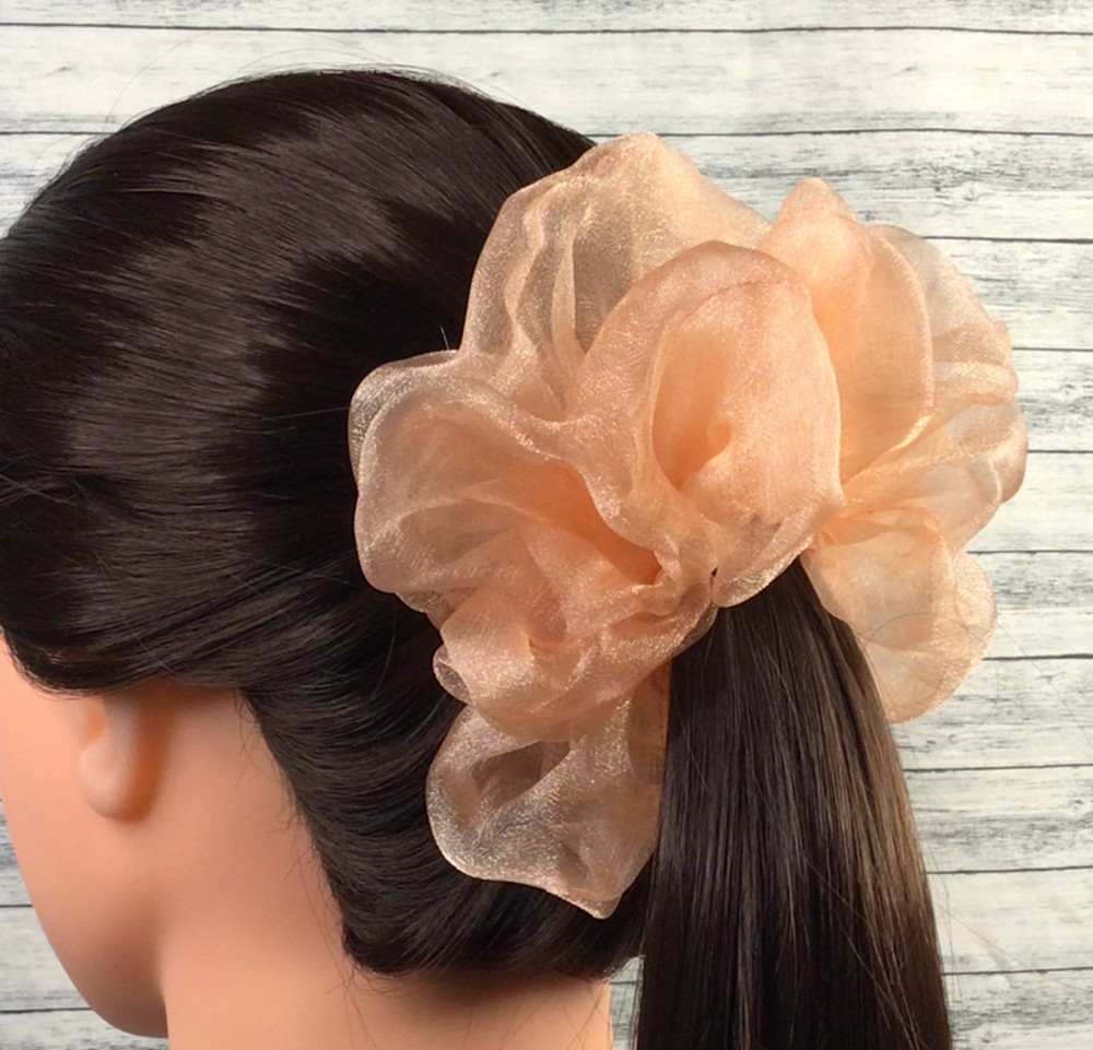 Peach Orange Crystal Organza XL Scrunchie Hair Ties – Ponytail Holder – 5 in