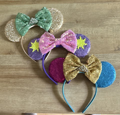 Lot of 3 Sequin Mouse Ears Bow Headbands w/ Tiara Accent, Multicolor
