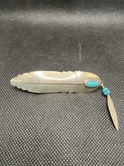 Sterling Silver & Sky-Blue Turquoise Feather Barrette with Small Feather Dangle
