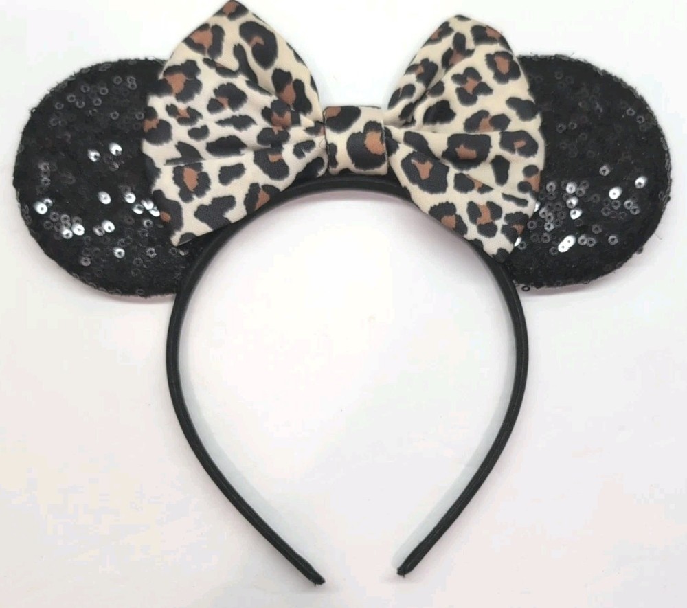 Leopard Print Black Bow Mickey Minnie Ears Headband Sparkly Black Ears