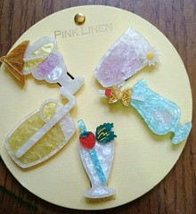 NEW Pink Linen Drink Hair Clips Set Of 5 Pastels Pink Green Yellow