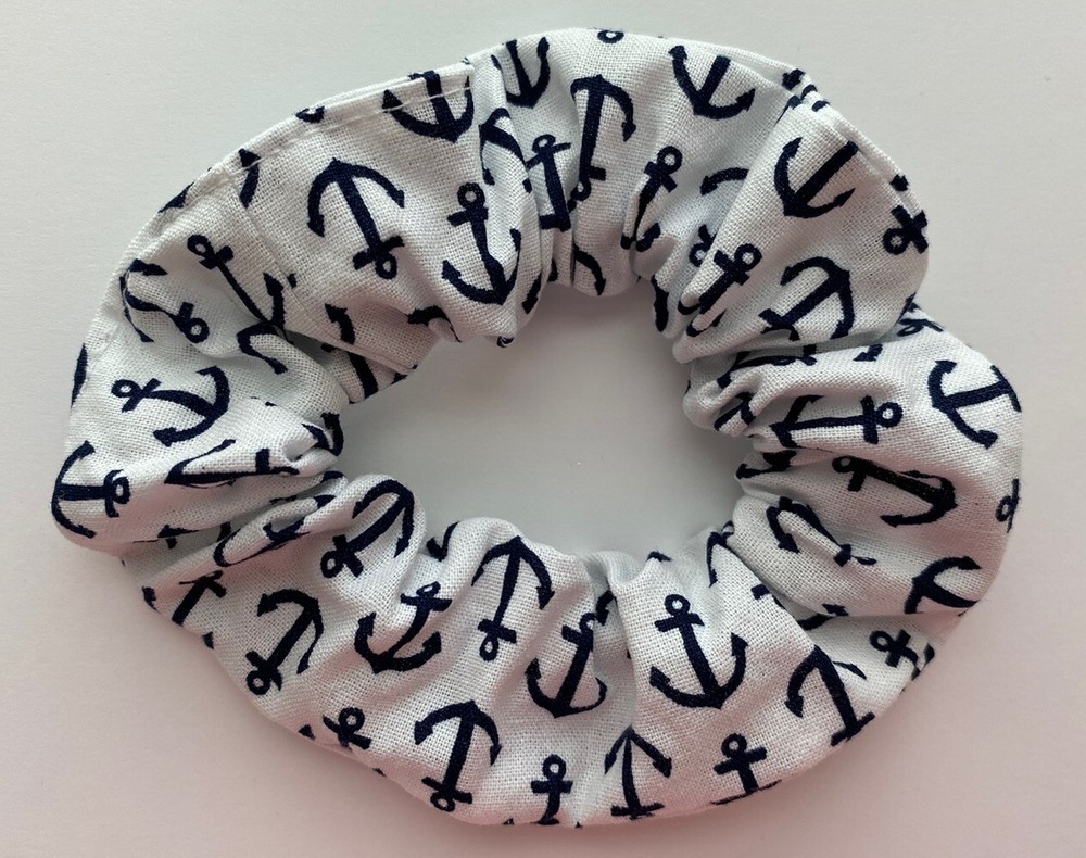 Anchor Hair Scrunchie Ponytail Holder Handmade White Navy Blue Nautical Cruise