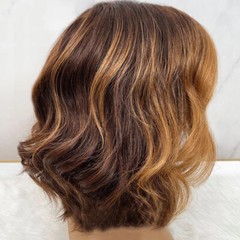 L Part Lace Front Human Hair Wig Golden Brown Highlight Wigs Natural