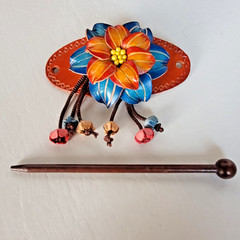 Leather Flower Barrette Hair Clip Ponytail Holder Pony Hand Crafted Handmade