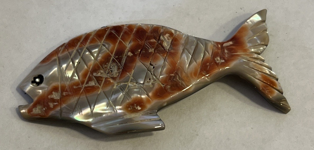 Carved Koi Fish Mother of Pearl Clam Shell Hand Carved for Pin Brooch 3”L 1.5”W