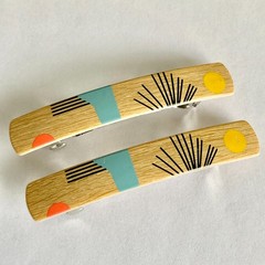 Stay Tight French Barrette Set of 2 Beige Wood Acrylic 3.5″ Long Hair Pop Art