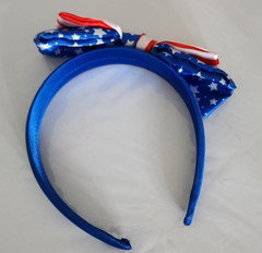 Blue Patriotic Padded Fabric Headband w/ Red White Blue Stars Bow for Girls