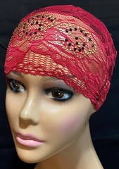 Under Hat / Under Scarf, One Piece Lace with Beads One Size fits All- Green