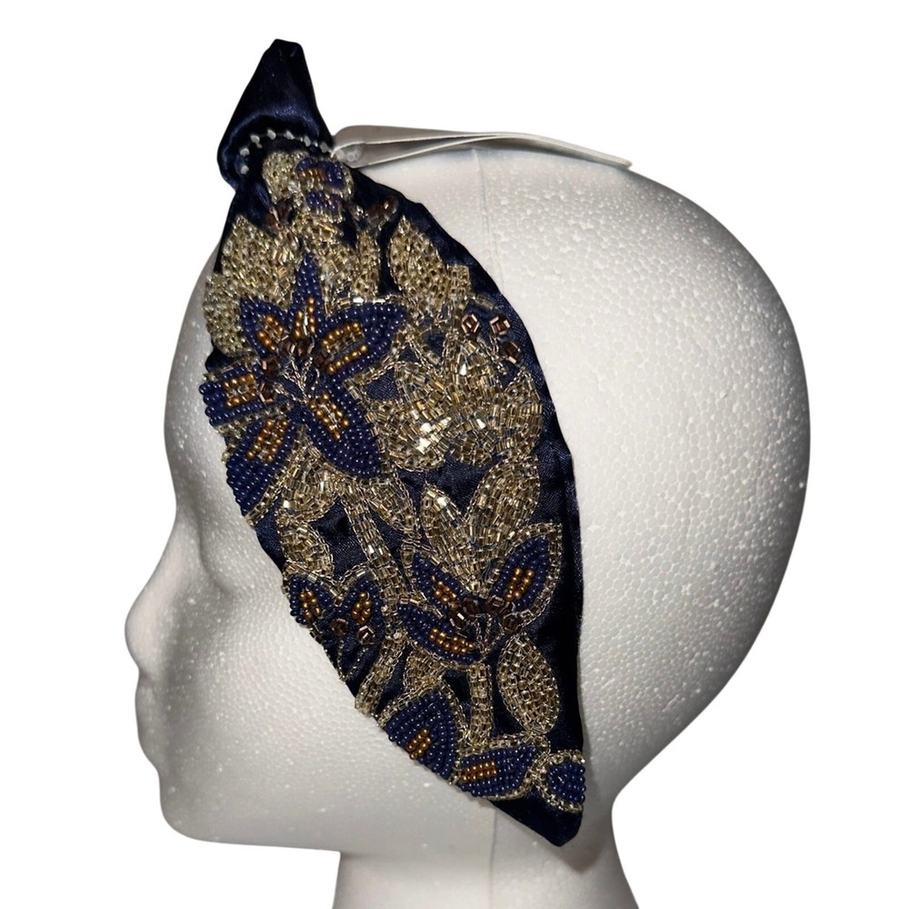 Headband Embellished Beaded Floral Knot Navy Blue & Gold