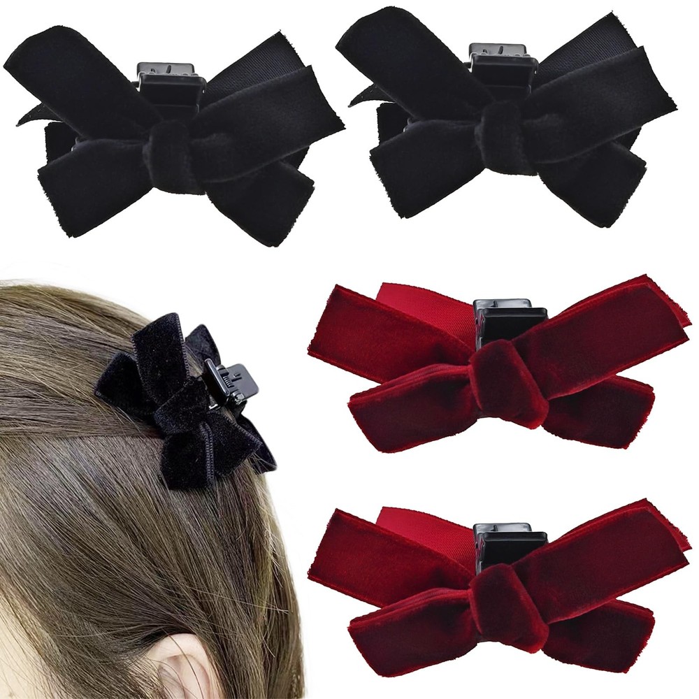 4 PACK Mini Velvet Hair Bow Clips Black Red 1 Count (Pack of 4),