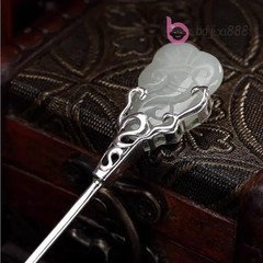 Classic Natural Hotan Jade Silver Hairpin Auspicious Cloud Hanfu Accessories