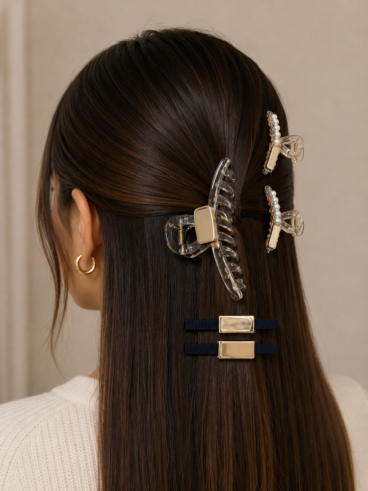 5PCS Pearl Hair Clips Set Women Clear Claw Clip Gold Barrette French Style Elega