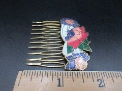 2″ VINTAGE CLOISONNE ENAMEL BUTTERFLY Flowers SLIDE SIDE COMB Golden Metal