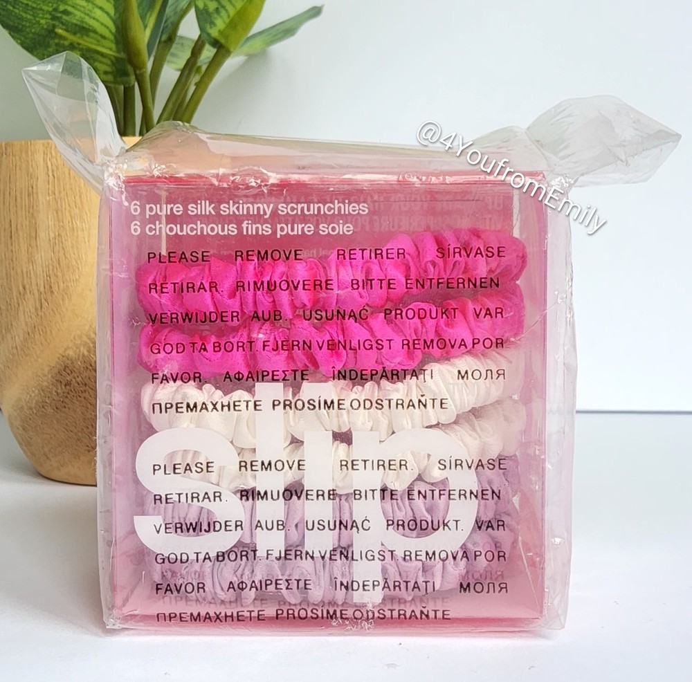 6 Slip Silk Skinny Scrunchies in bright pink/light pink & white (Pack of 1) NIB