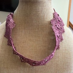 Floral Crochet Lace Headband Mauve Plum Rhinestone Satin Ribbon Elastic Boho
